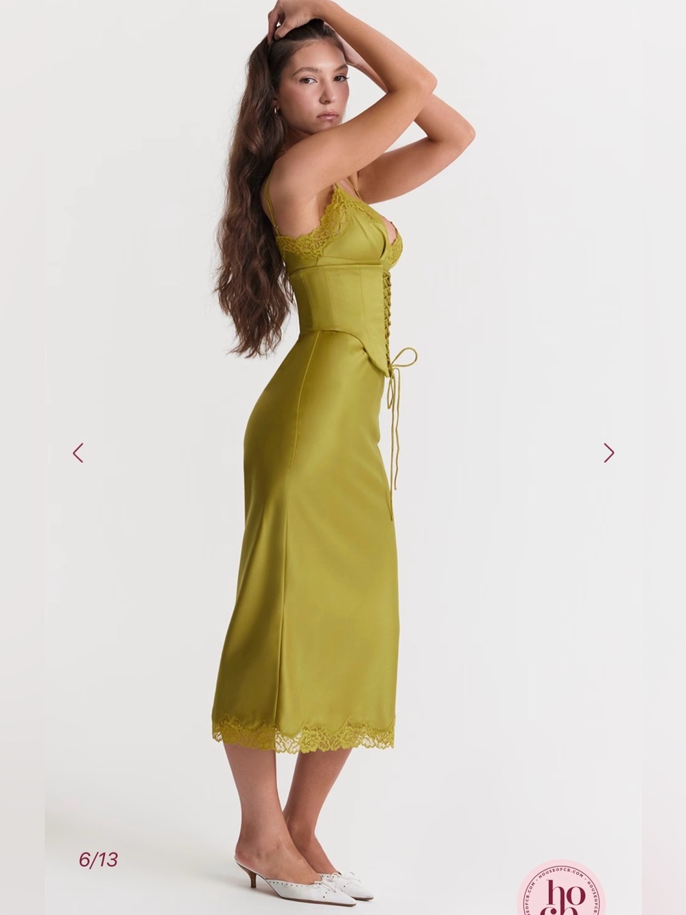 NEW House of CB Salma Olive Green Lace Trim Satin Corset Slip Dress, Medium - Picture 4 of 13